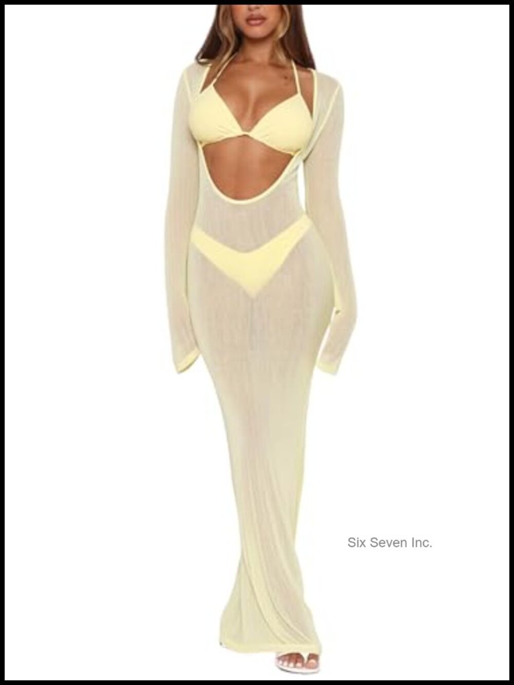 Women's 3 Piece Bikini Set with Sheer Cover Up Maxi Dress Halter Triangle Top